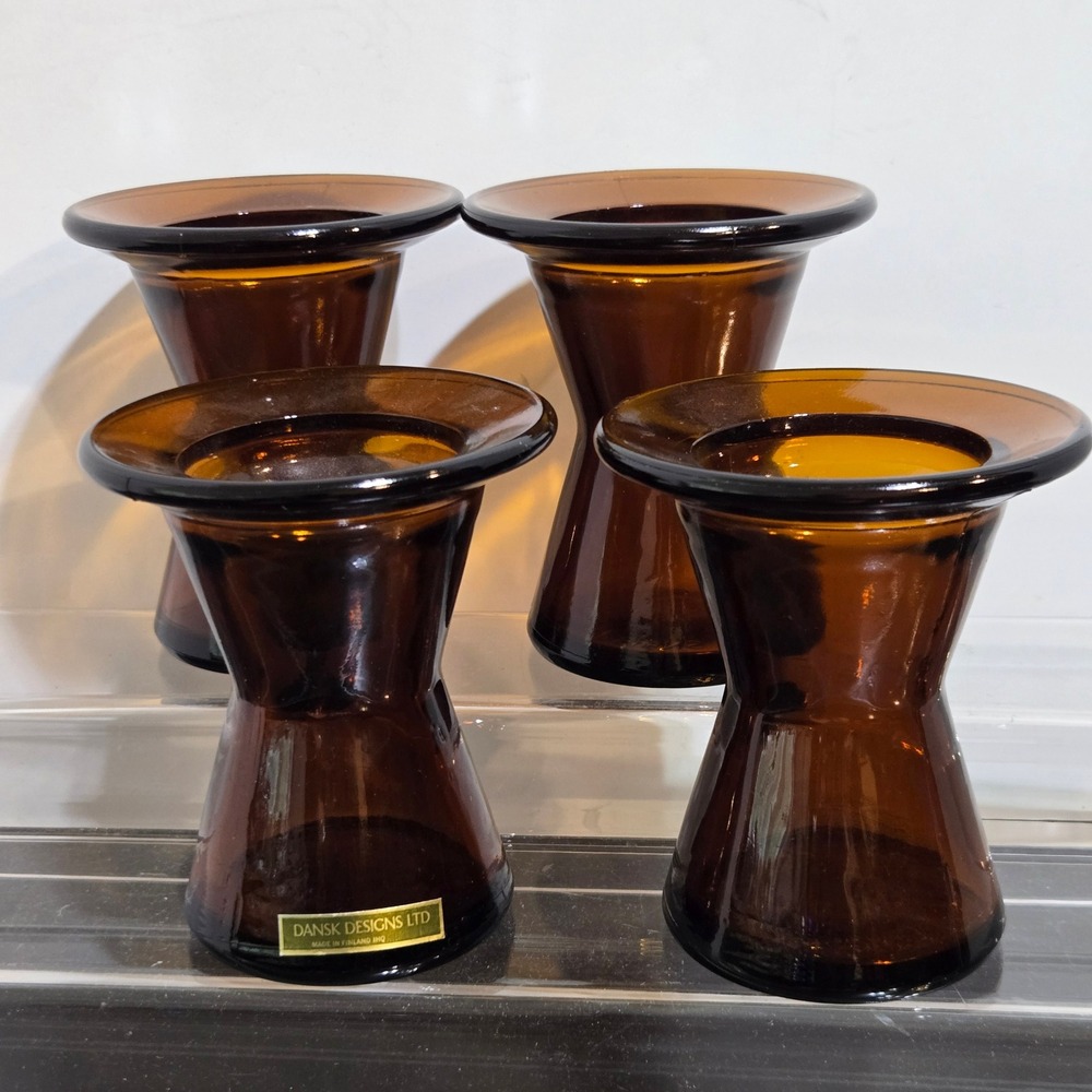 Set of 4 Dansk Candle Holders Vase Amber Glass IHQ Finland MCM Jens Quistgaard